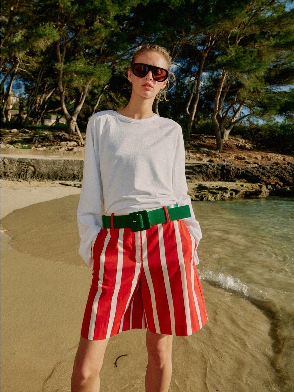 Zara Striped Red and White Women's Shorts with Green Belt